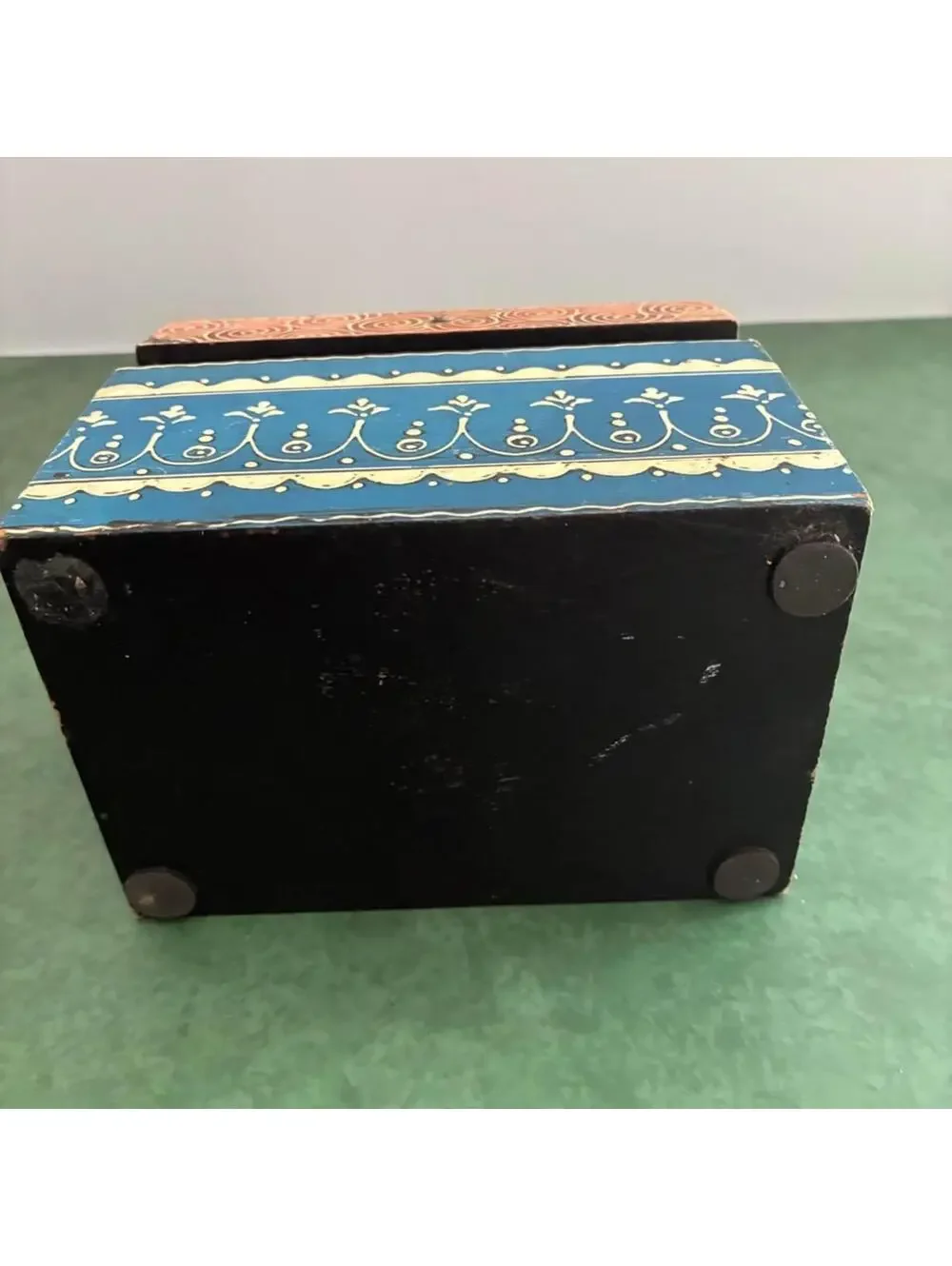 Hand Painted Indian Folk Art Wooden Trinket Box Jewelry Box Blue Red